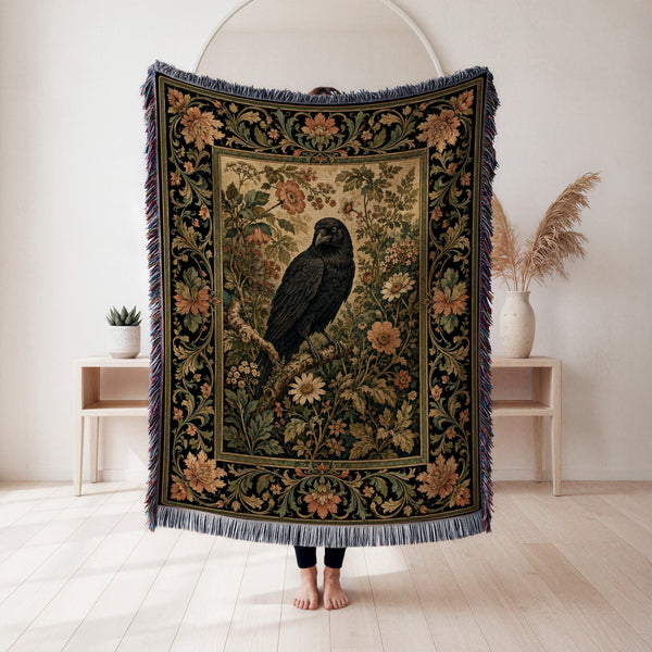 Vintage Raven Floral Tapestry Blanket