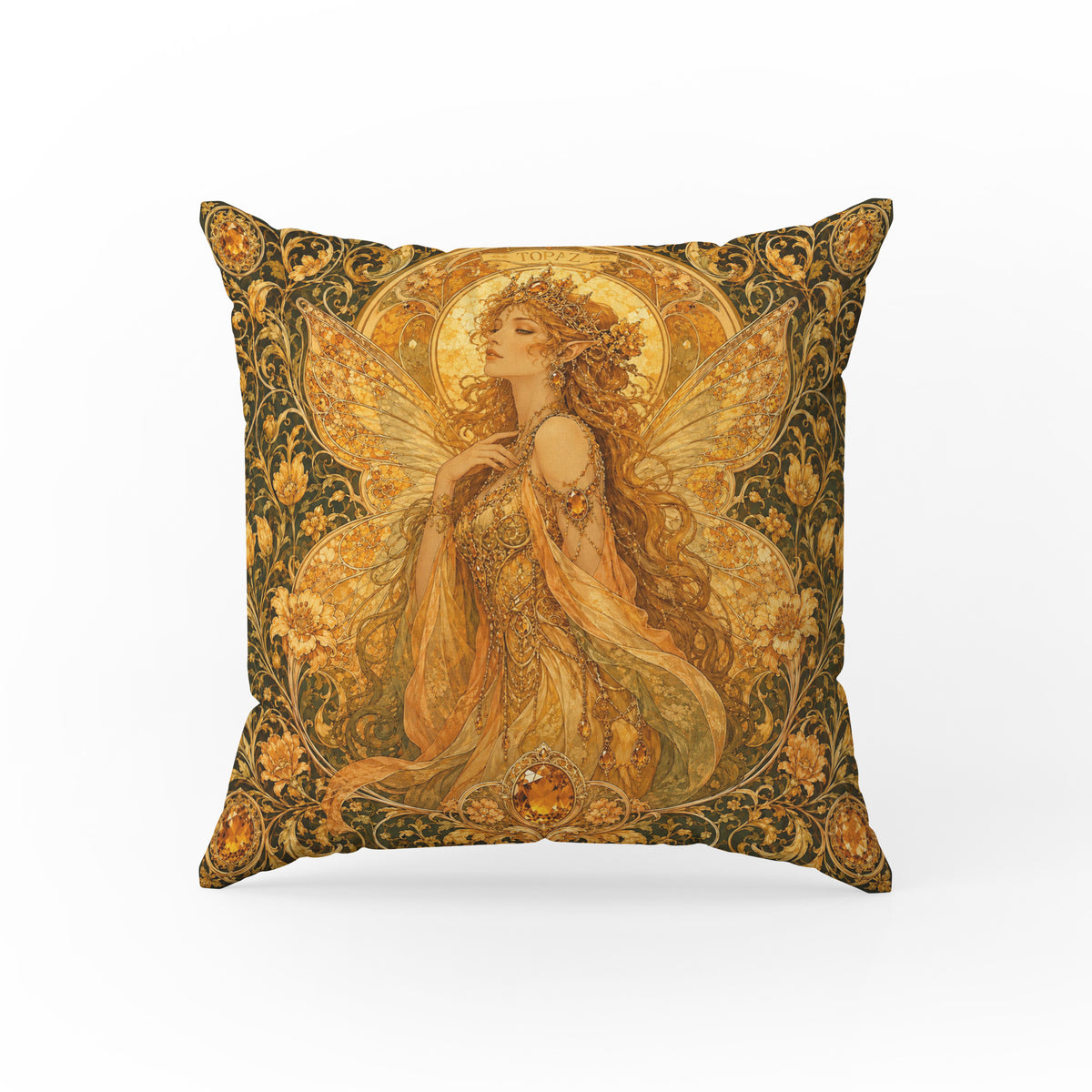 Topaz Fairy – Golden Art Nouveau Pillow Main image