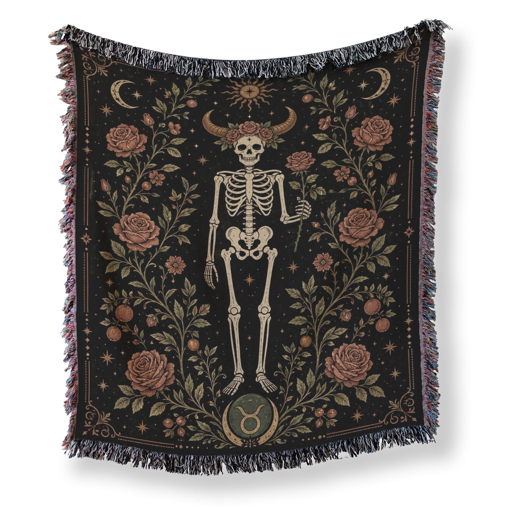 Taurus Roses & Horns – Gothic Skeleton Zodiac Blanket