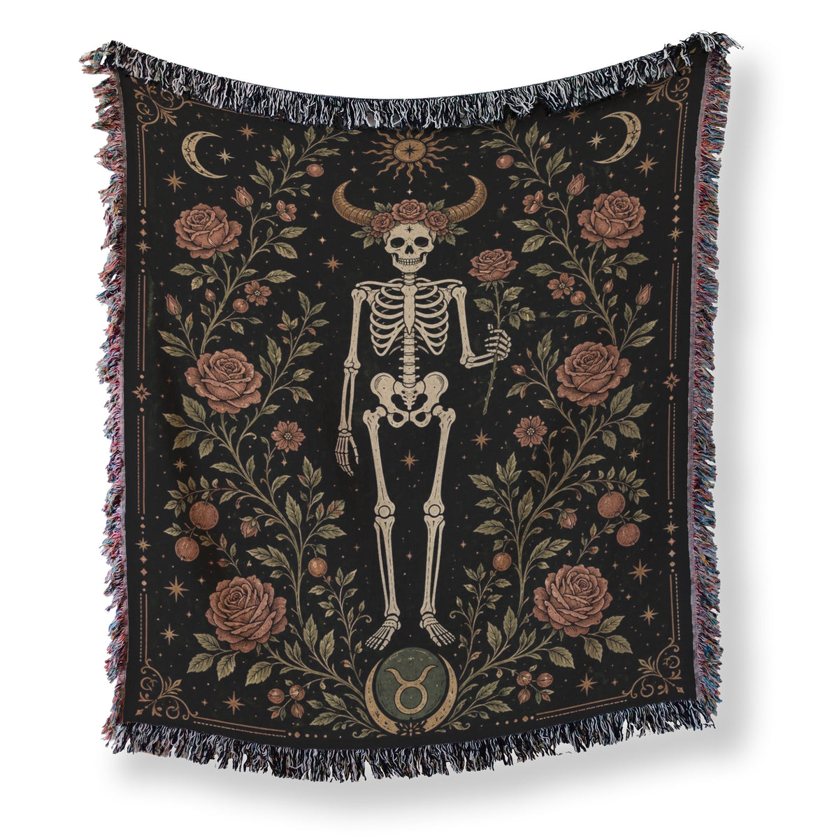 Taurus Roses & Horns – Gothic Skeleton Zodiac Blanket