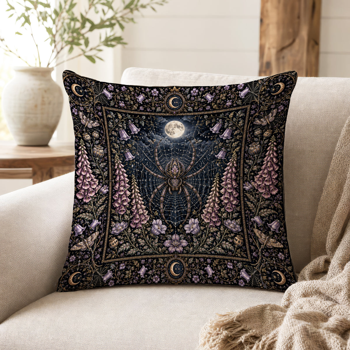 Moonweb – Gothic Spider Floral Pillow