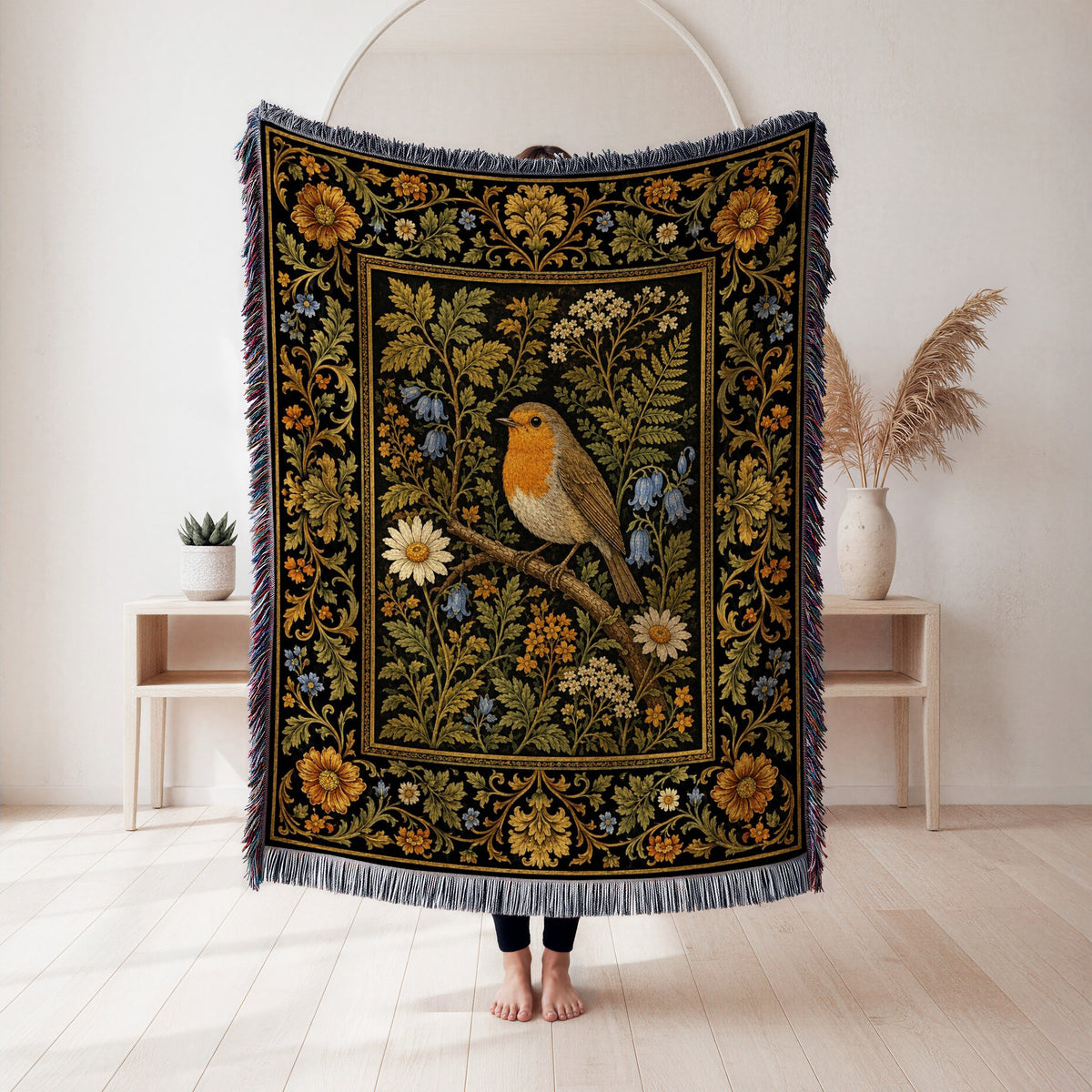 Golden Robin Tapestry Blanket