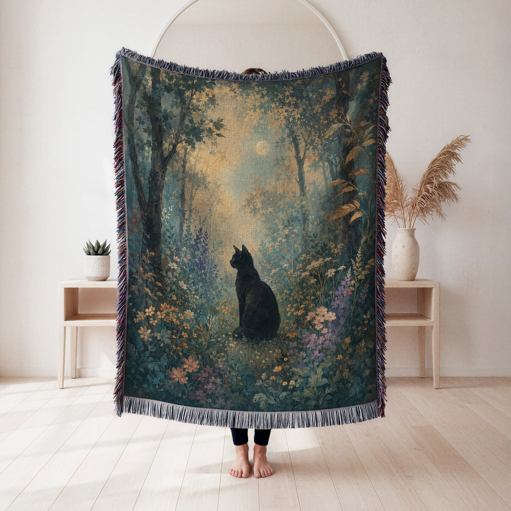Moonlit Wildflower Black Cat Blanket