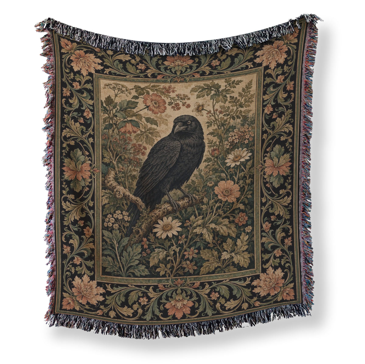 Vintage Raven Floral Tapestry Blanket
