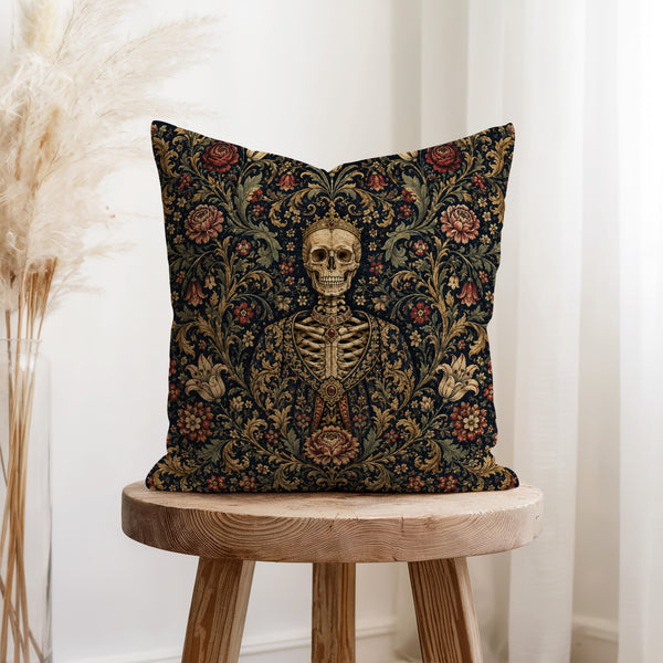 The Court of Bones – Medieval Skeleton Tapestry Pillow