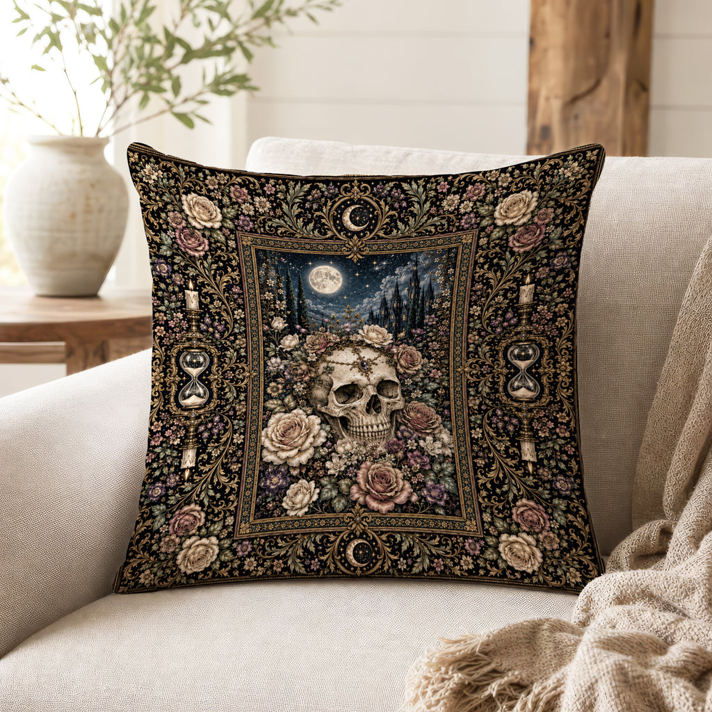 Memento Mori Garden – Skull & Roses Gothic Pillow