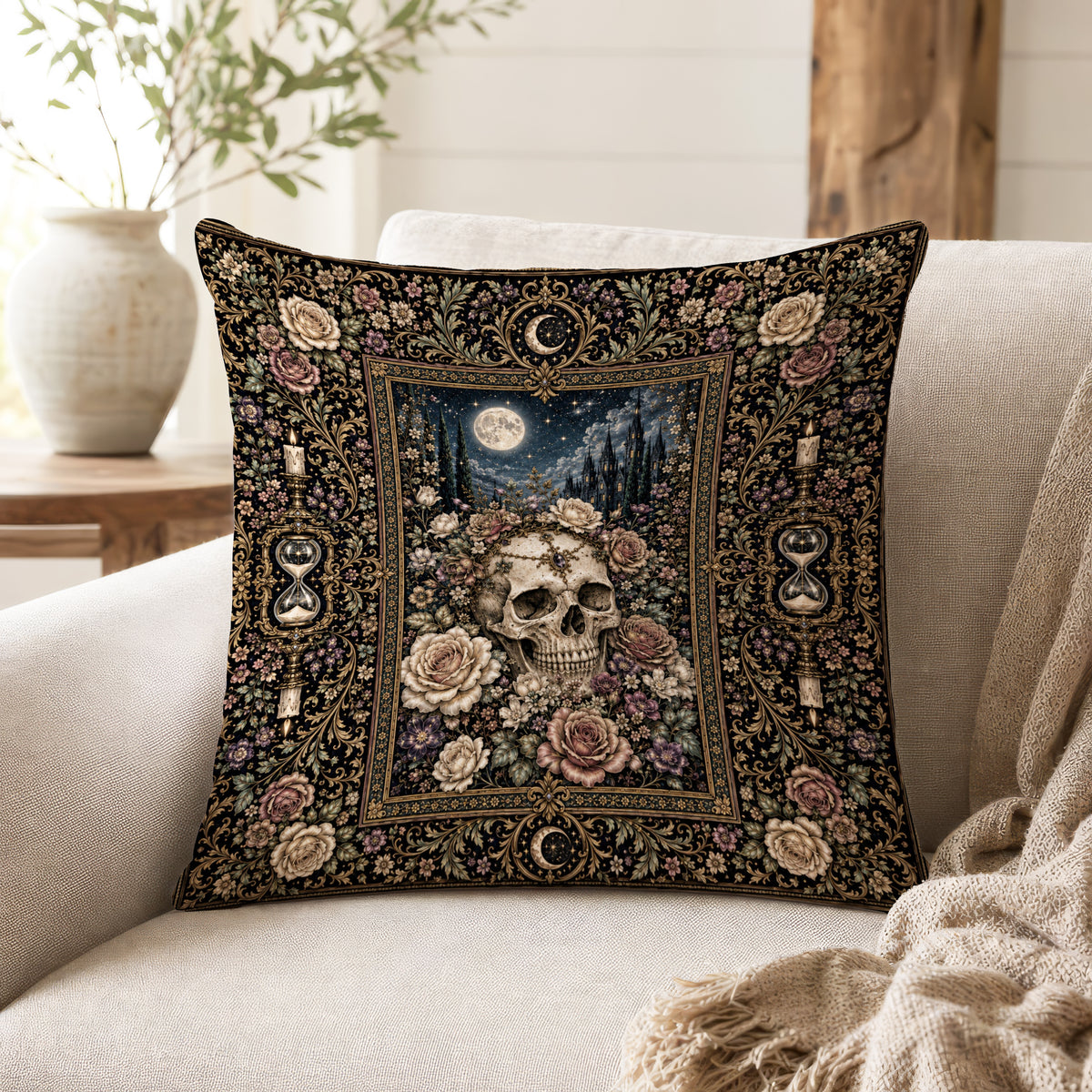 Memento Mori Garden – Skull & Roses Gothic Pillow