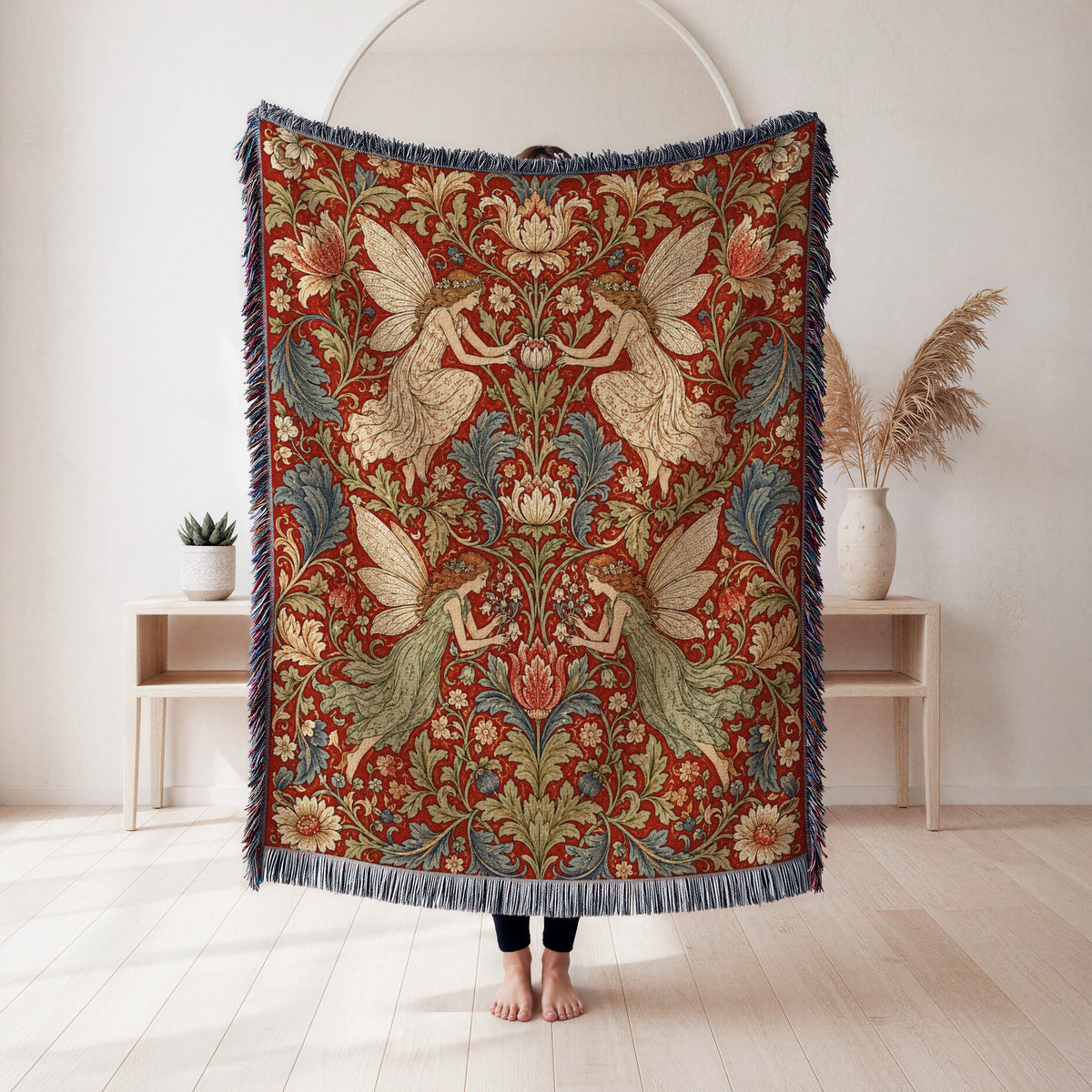Crimson Floral Fairy Tapestry Blanket