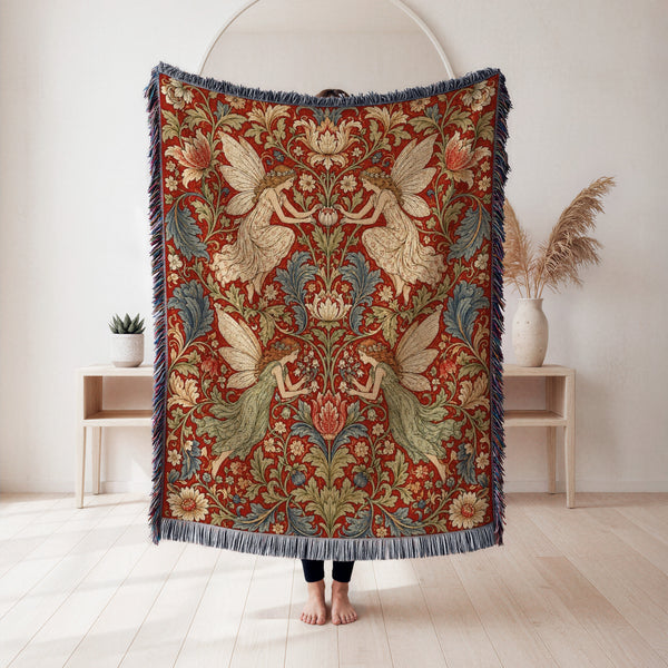 Crimson Floral Fairy Tapestry Blanket