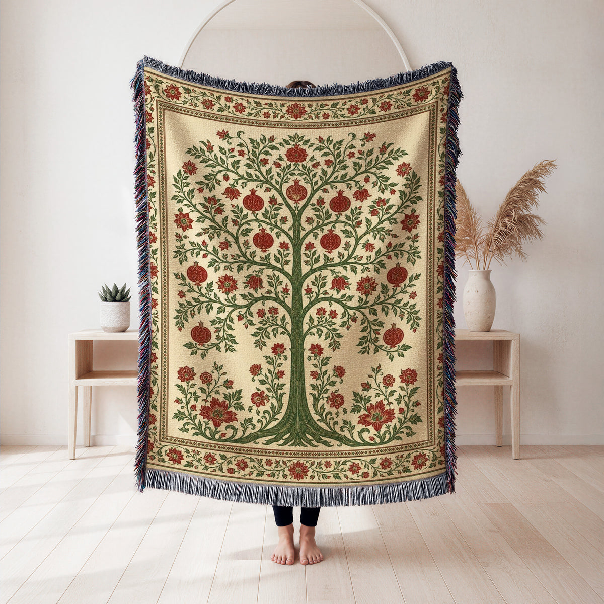 Crimson Pomegranate Tree Woven Blanket