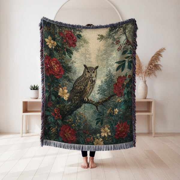 Red Peony Owl Blanket