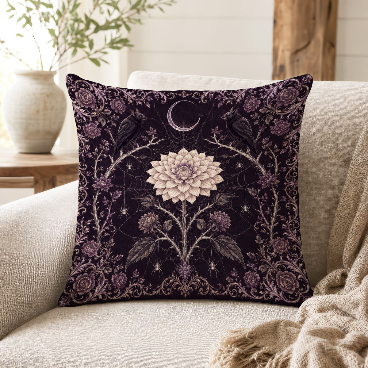 Raven Moon – Gothic Botanical Pillow