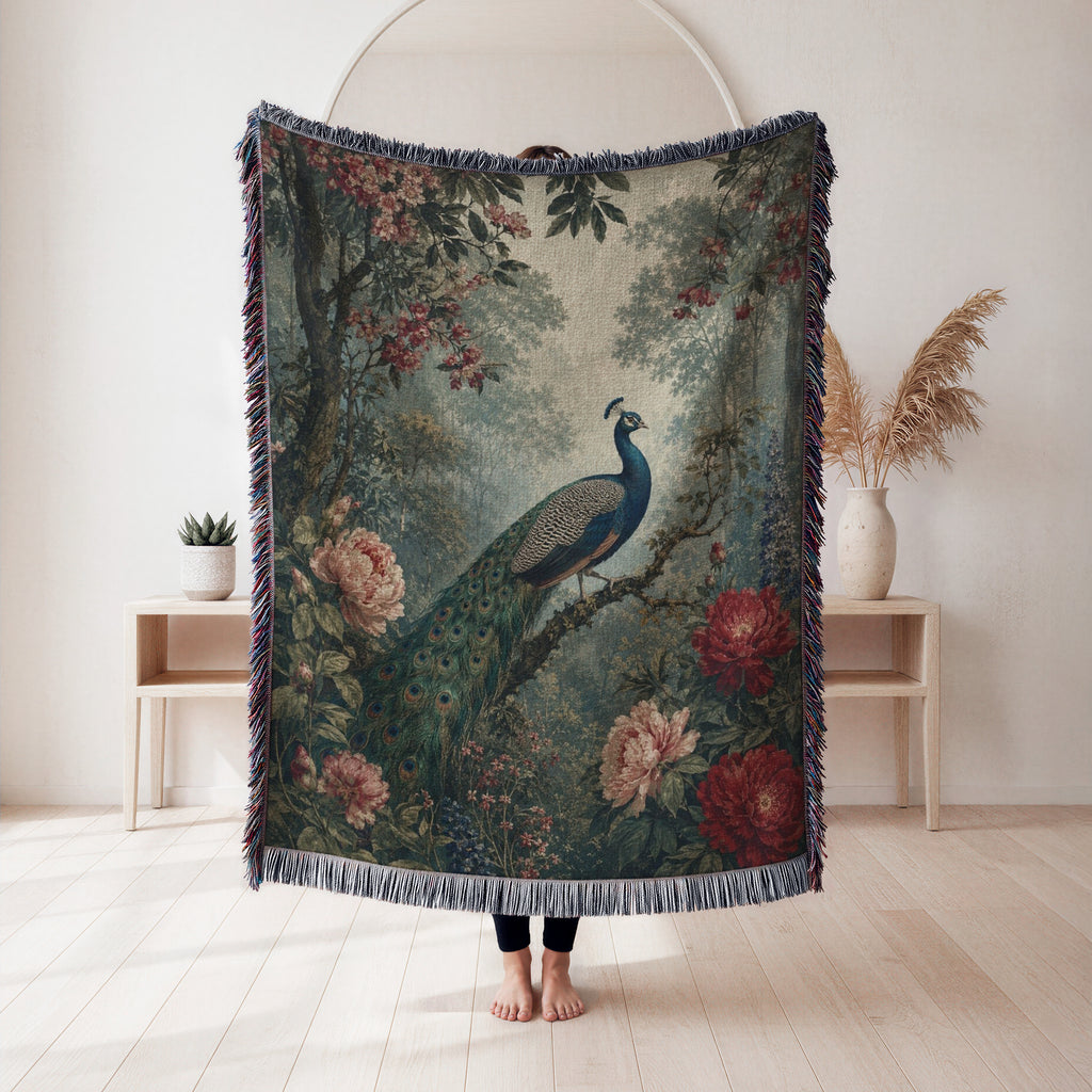 Crimson Peony Peacock Blanket