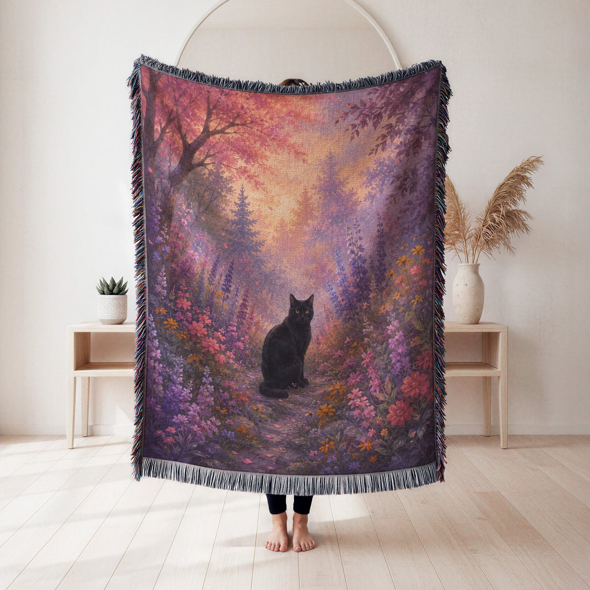 Twilight Bloom Black Cat Blanket