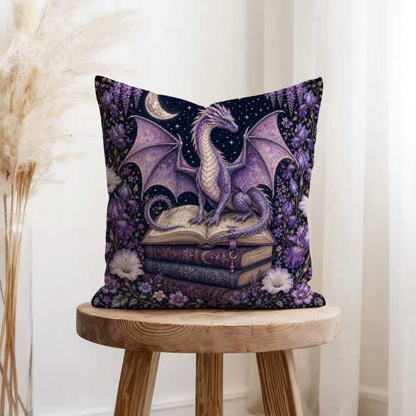 Moonlit Dragon Library – Purple Fantasy Pillow