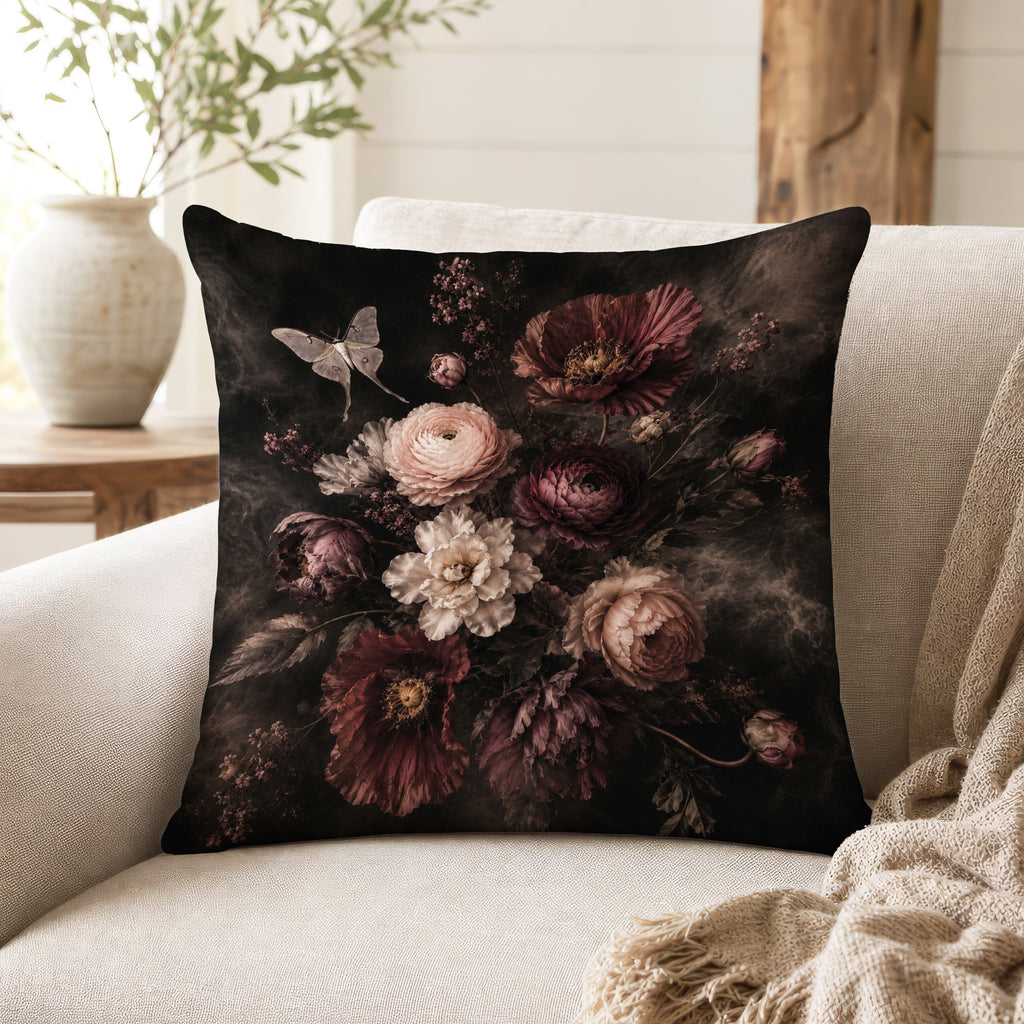 Nocturne Bouquet – Dark Floral Moth Pillow