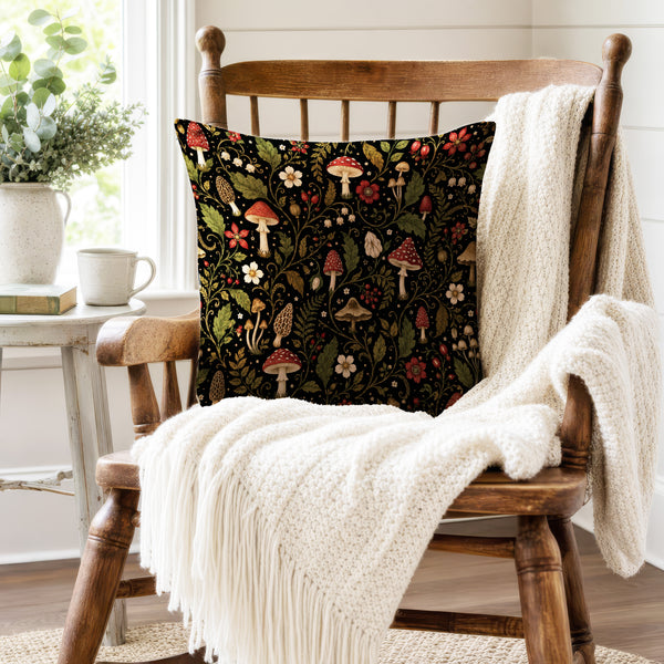 Toadstool Garden – Woodland Mushroom Floral Pillow