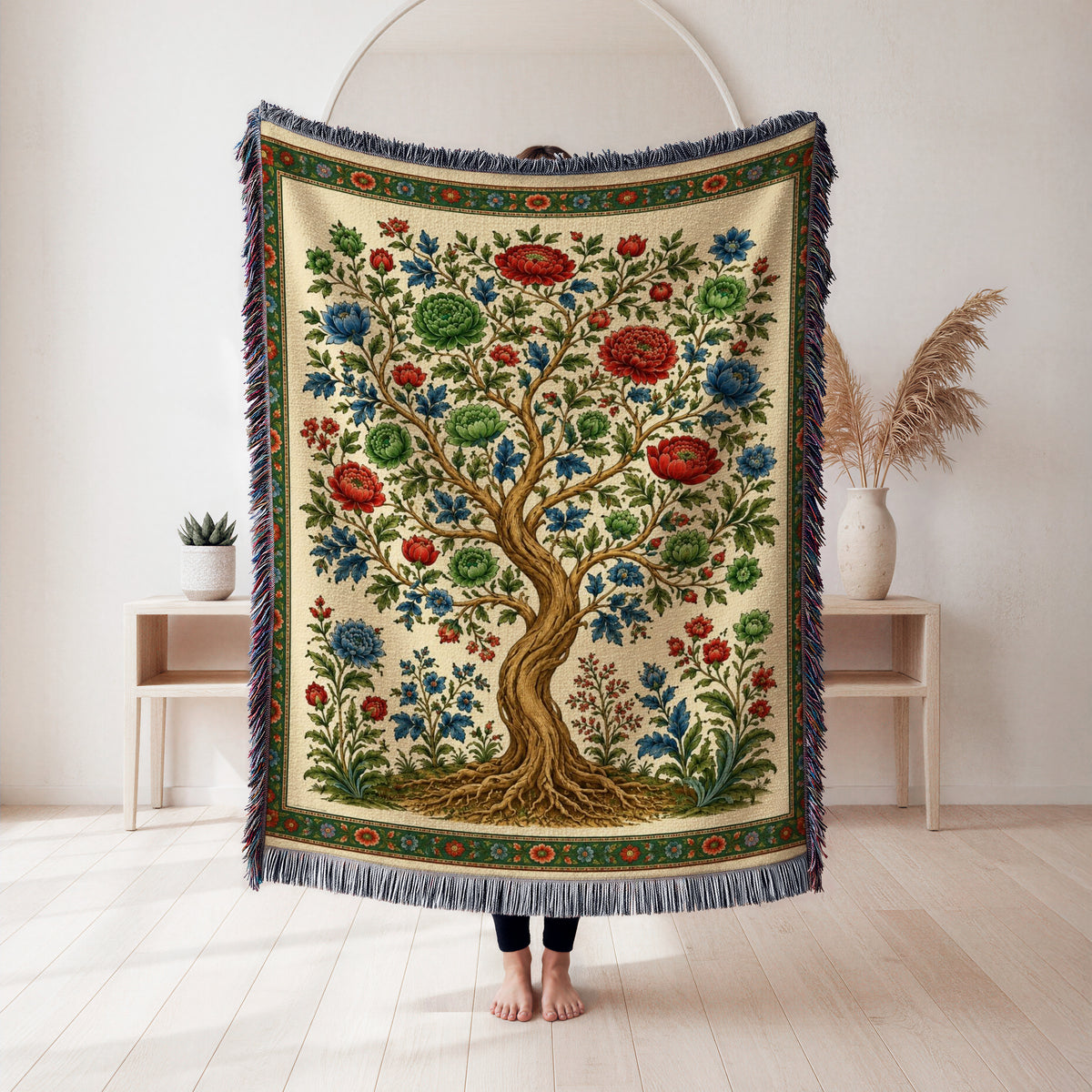 Verdant Bloom Tree Woven Blanket