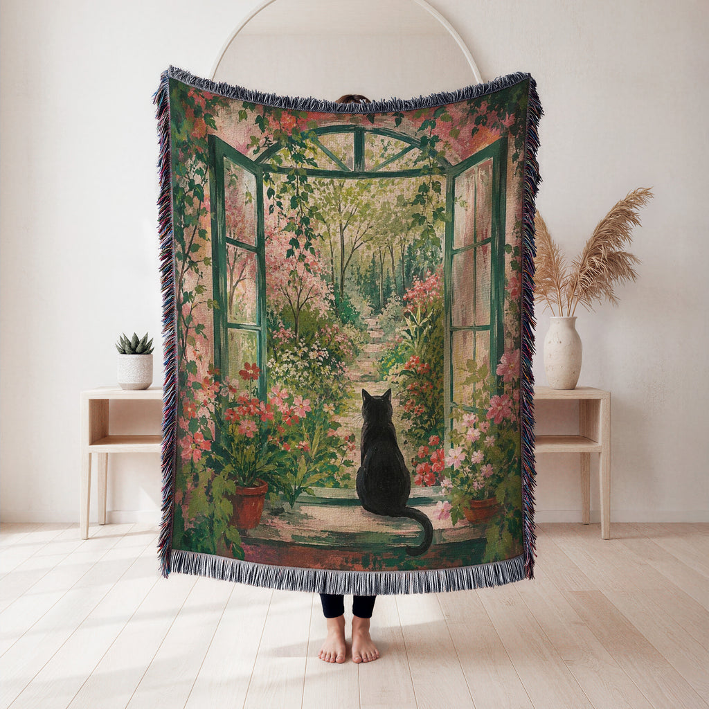 Secret Garden Window Black Cat Blanket