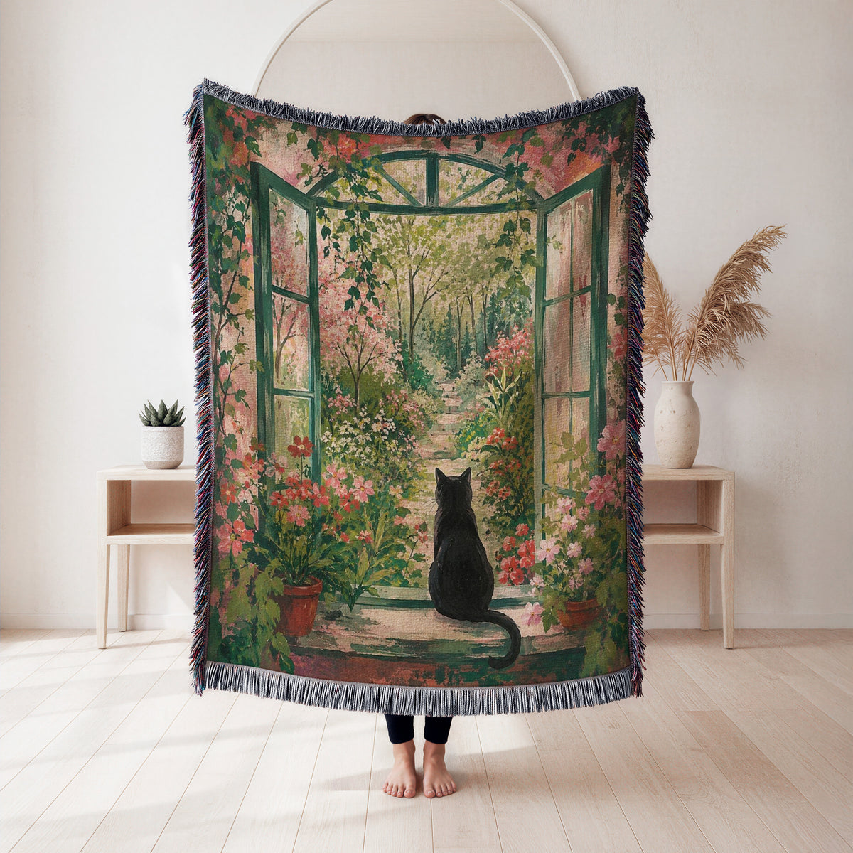 Secret Garden Window Black Cat Blanket