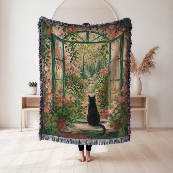 Secret Garden Window Black Cat Blanket