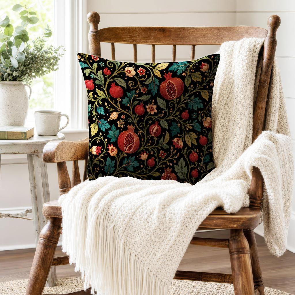 Midnight Pomegranate Vine – Dark Botanical Floral Pillow