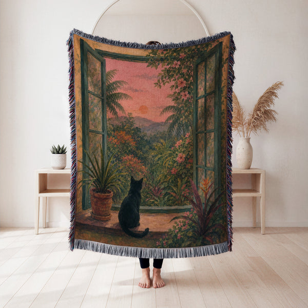 Sunset Garden Window Black Cat Blanket