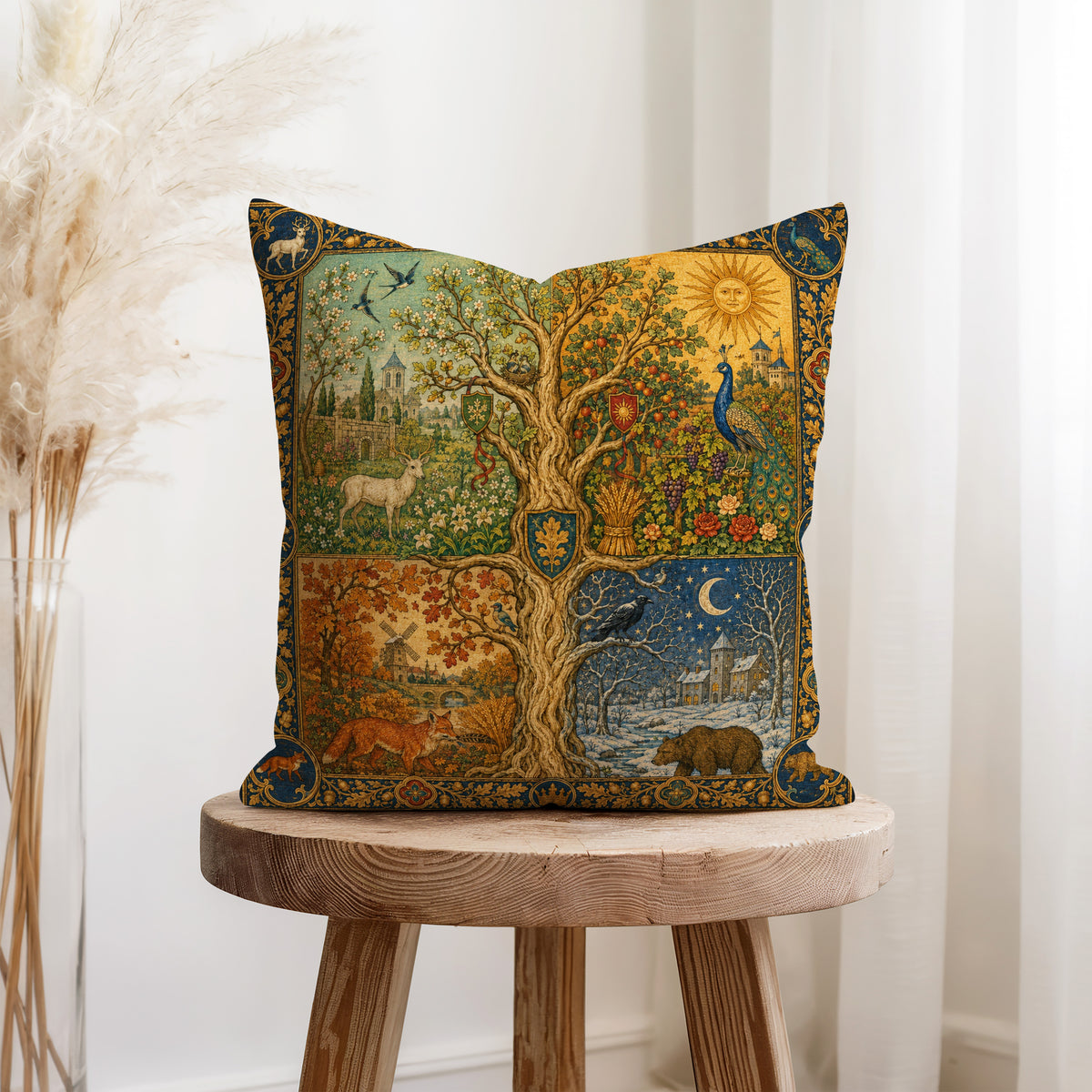 The Four Seasons Tree – Medieval Tapestry Pillow