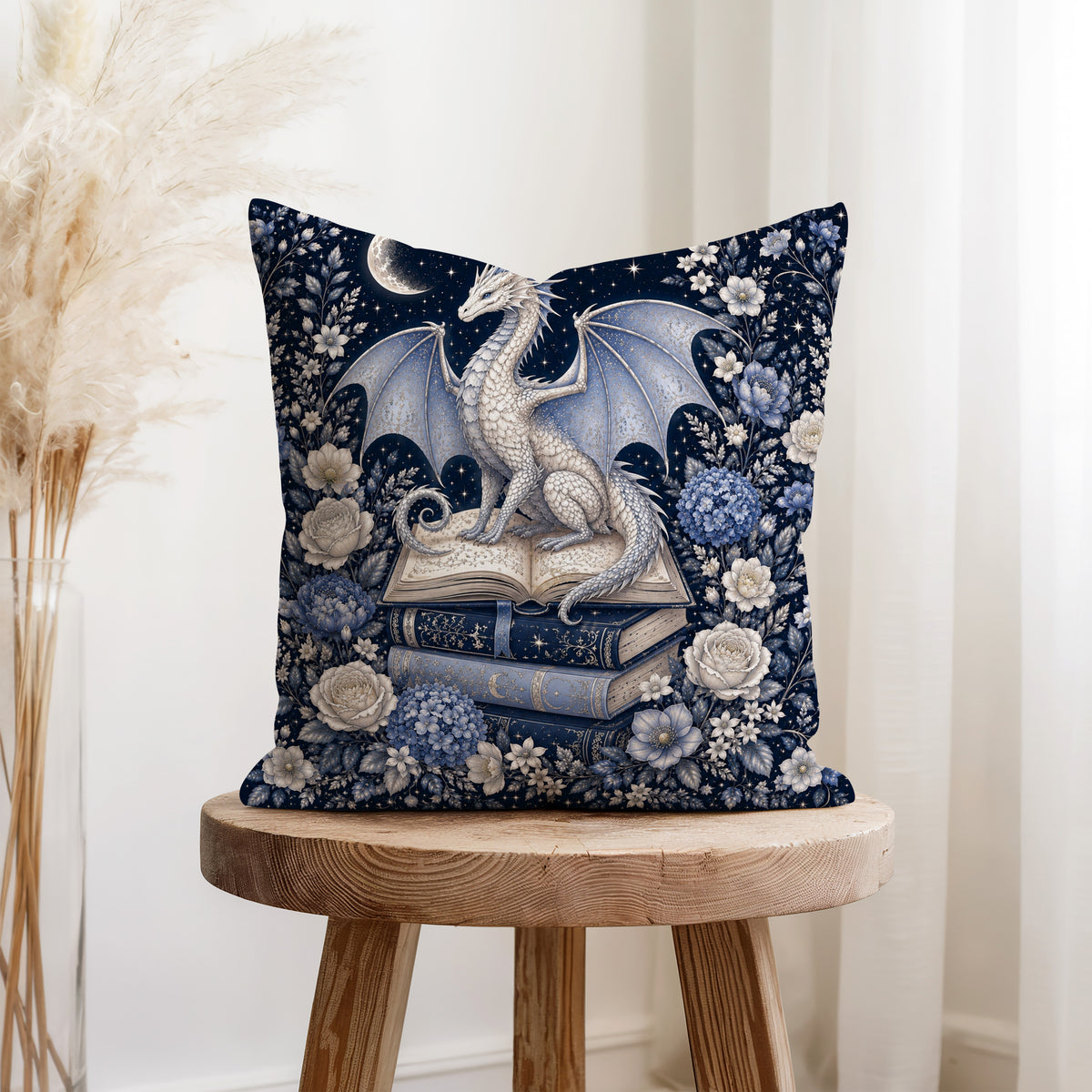 Silver Dragon Library – Blue Fantasy Pillow