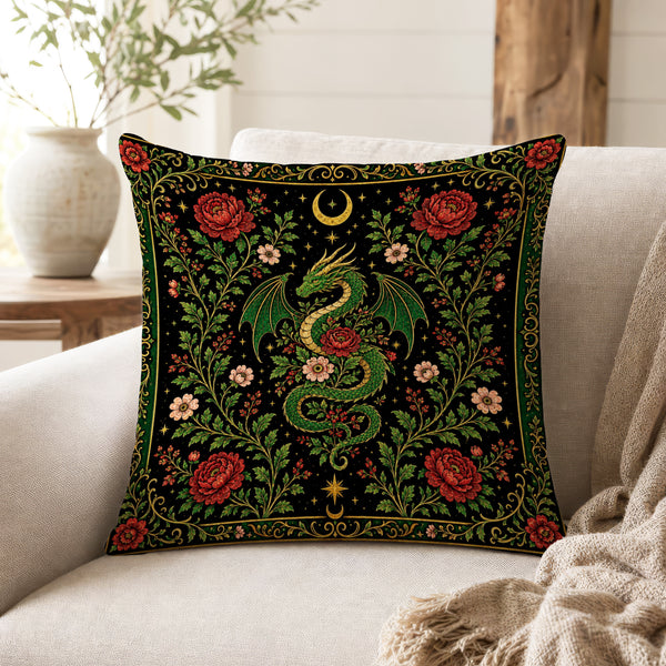Verdant Wyrm – Gothic Dragon Floral Pillow