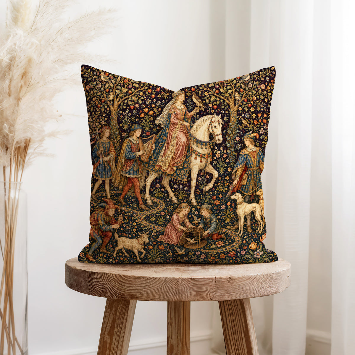 The Noble Procession – Medieval Court Tapestry Pillow