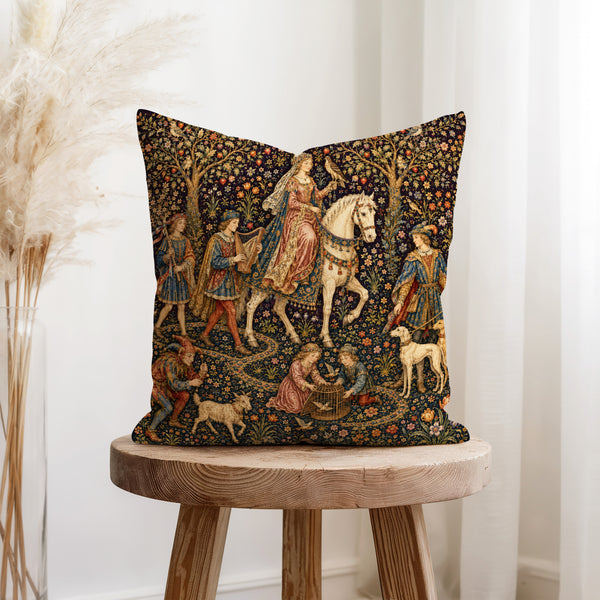 The Noble Procession – Medieval Court Tapestry Pillow