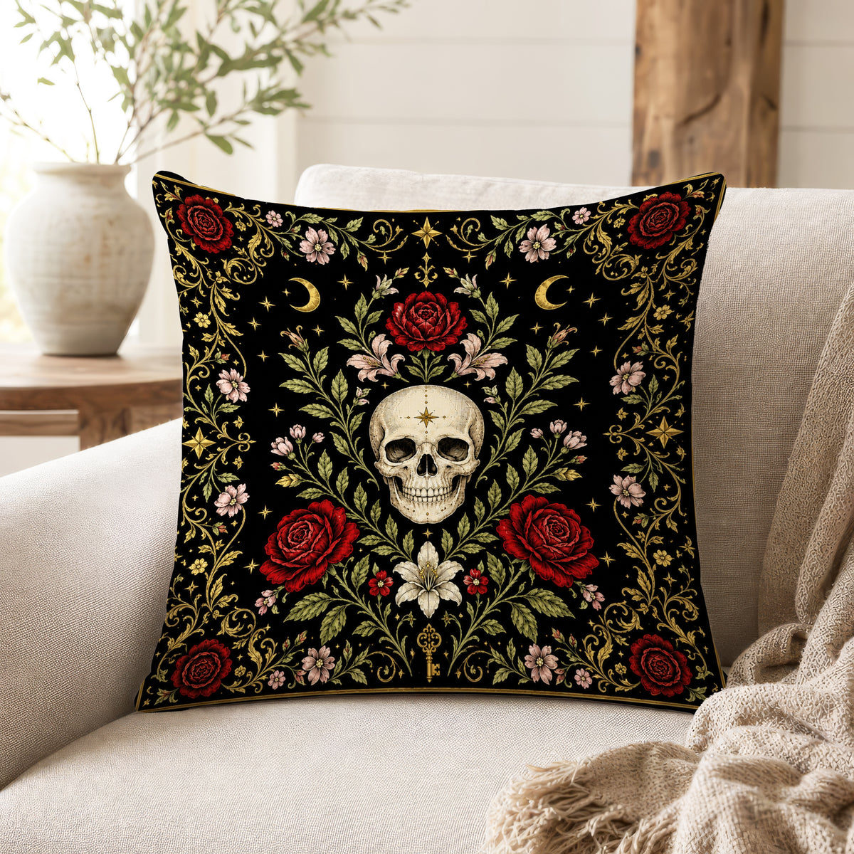 Roses for the Departed – Skull Floral Gothic Pillow