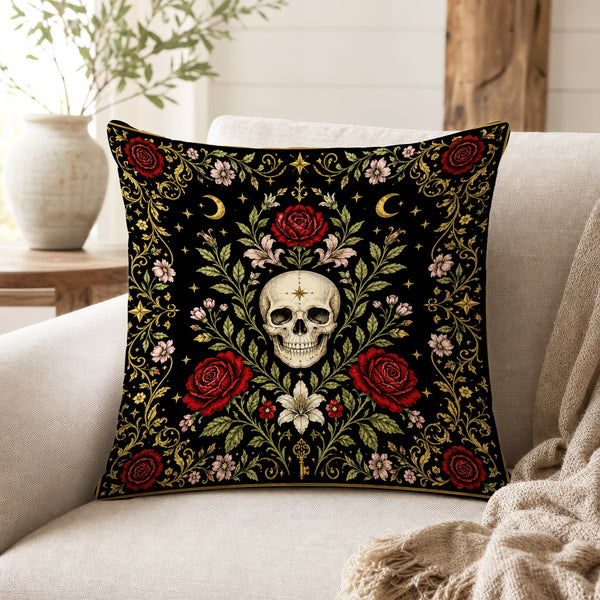 Roses for the Departed – Skull Floral Gothic Pillow