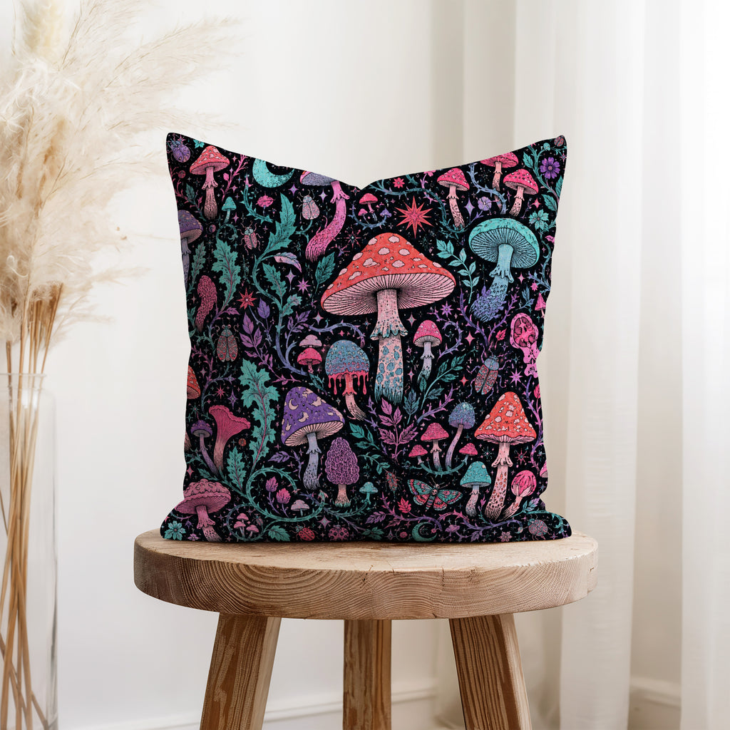 Midnight Mushroom Garden – Whimsical Botanical Pillow