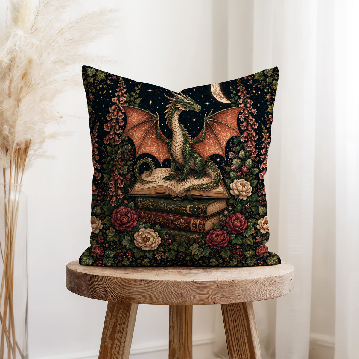The Ivy Dragon – Dark Botanical Fantasy Pillow