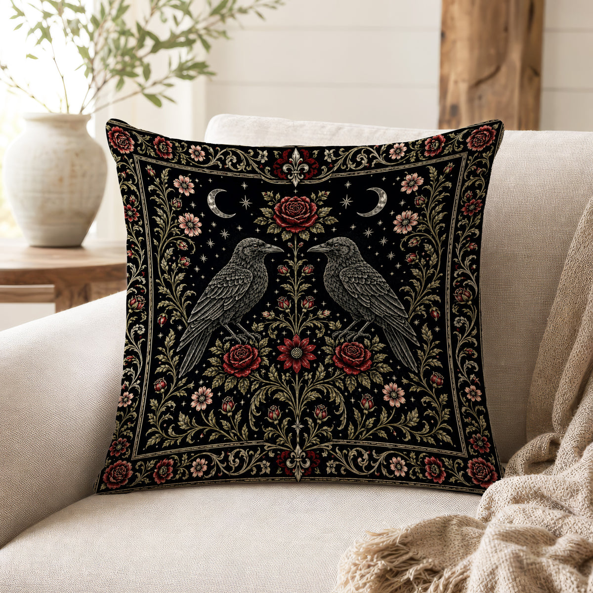 The Raven Pair – Gothic Rose Pillow