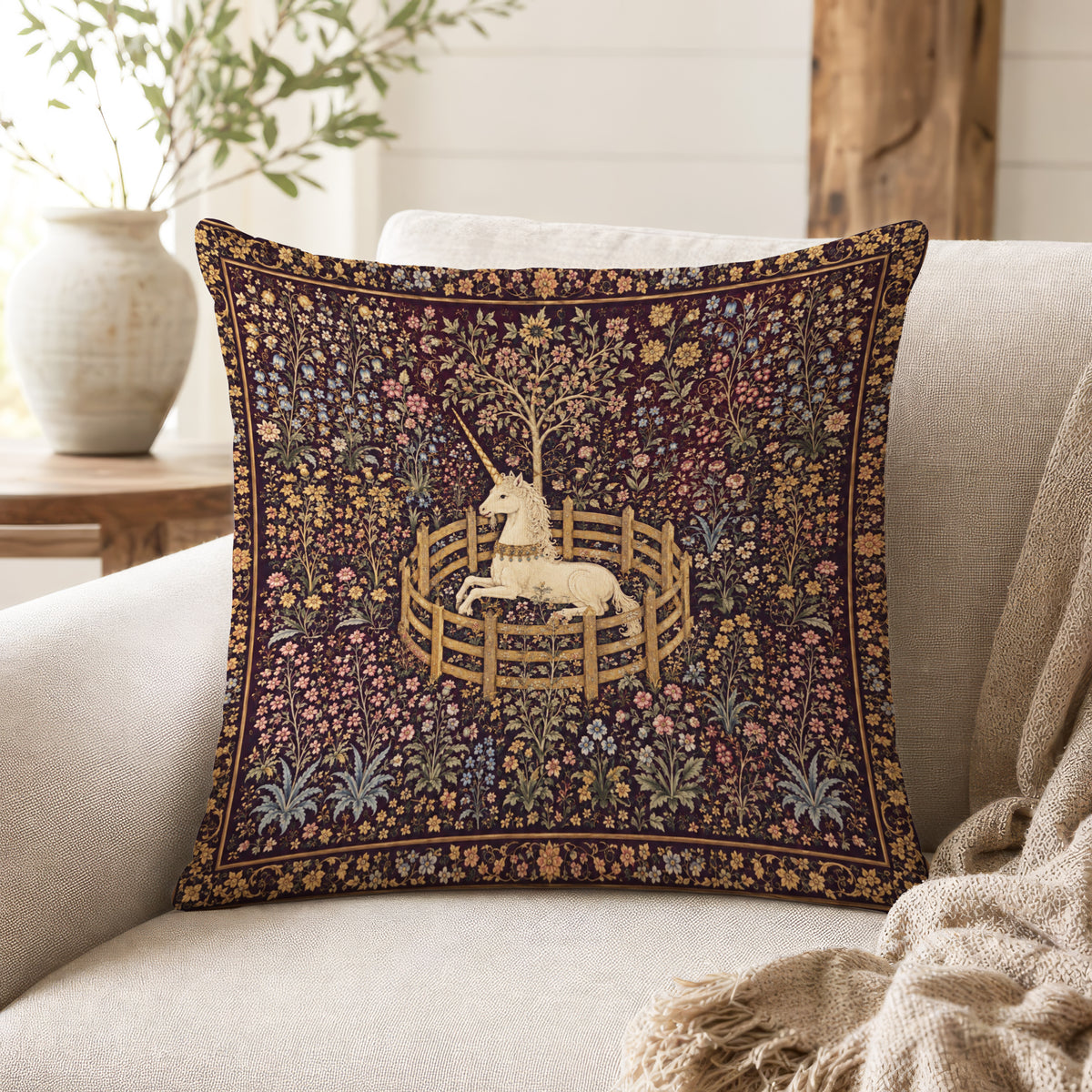 The Unicorn Garden – Medieval Tapestry Pillow