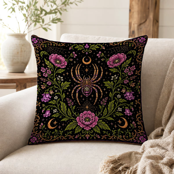 The Weaver's Garden – Gothic Spider Floral Pillow