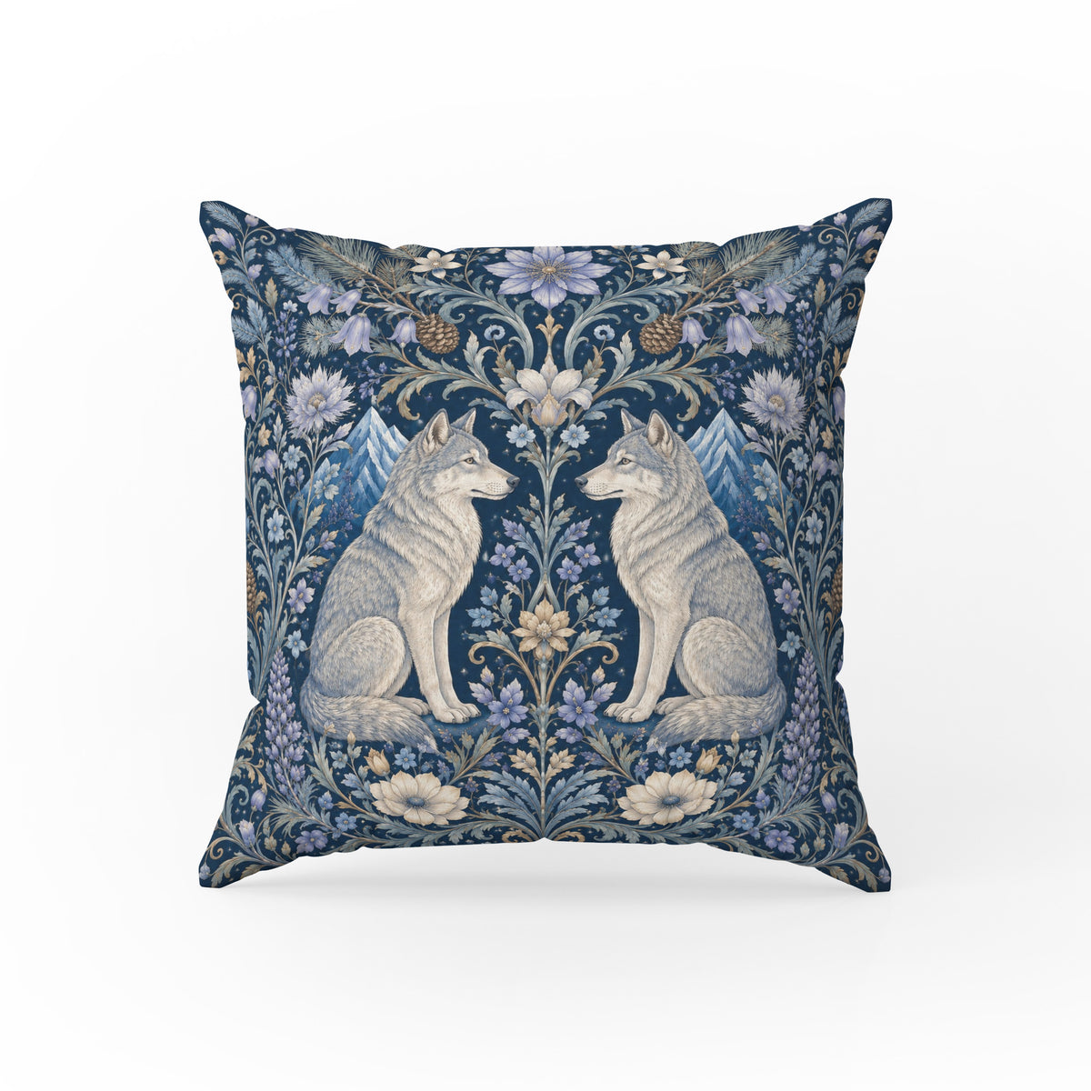 Moonlit Wolves – Blue Botanical Woodland Pillow