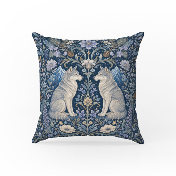 Moonlit Wolves – Blue Botanical Woodland Pillow
