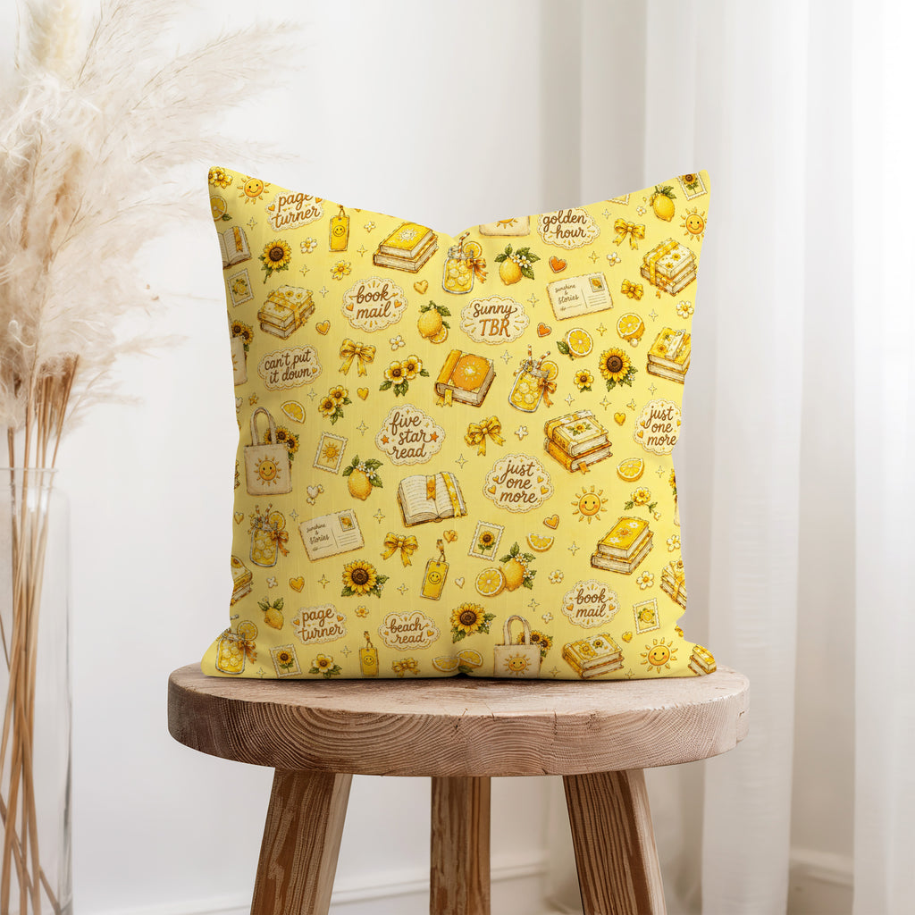 Golden Hour Reader – Yellow Book Lover Pillow