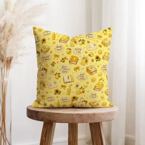 Golden Hour Reader – Yellow Book Lover Pillow