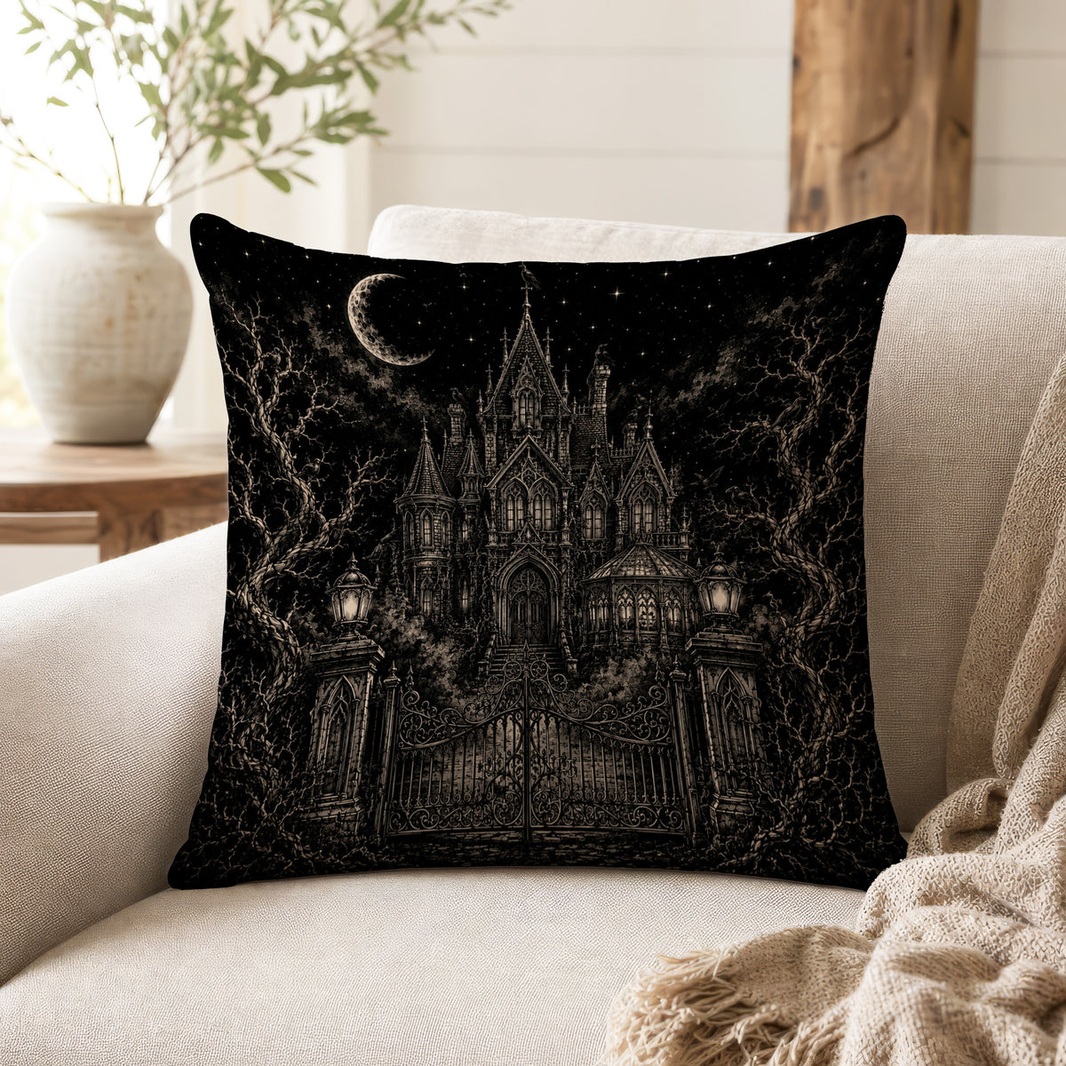 The House Beyond the Gates – Gothic Mansion Pillow