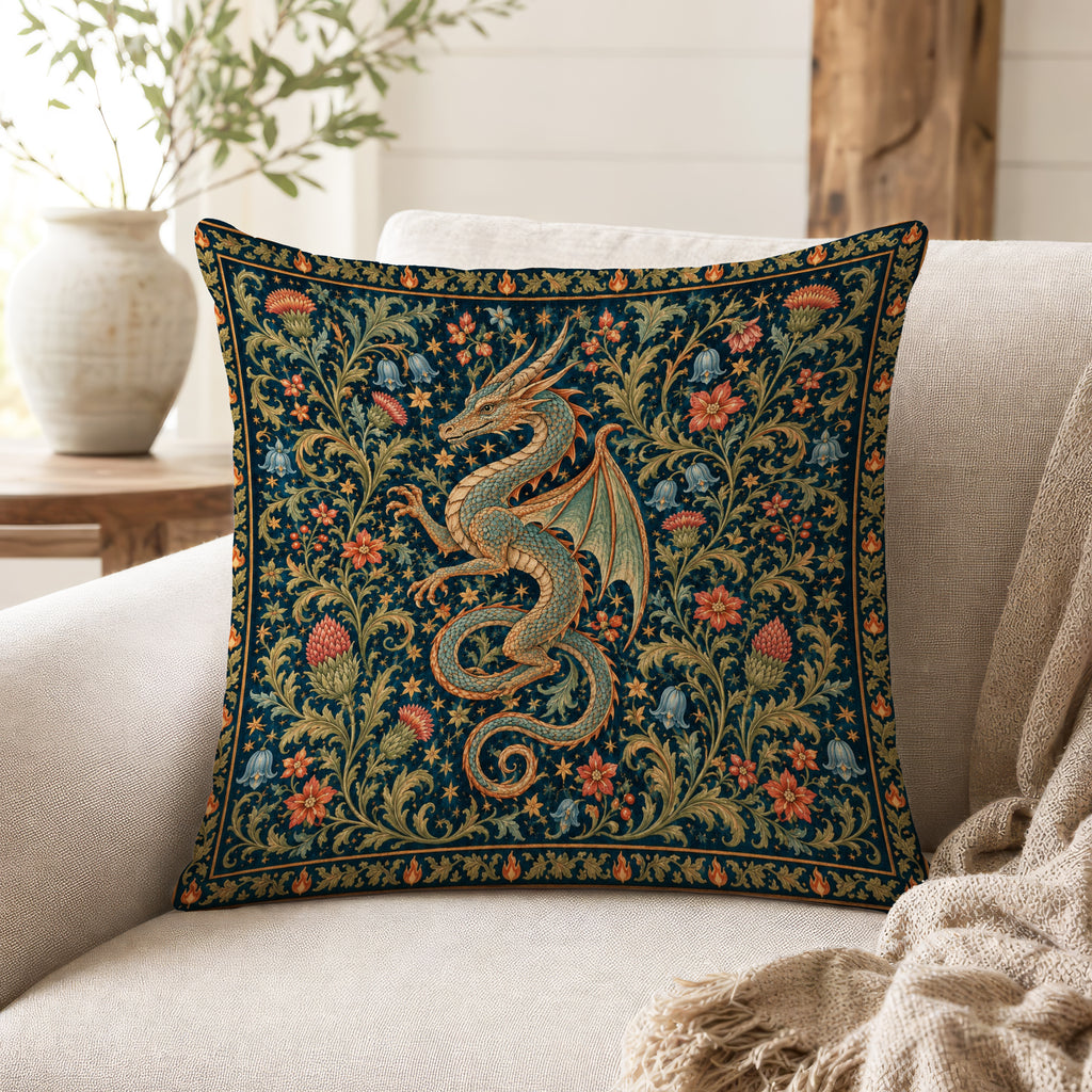 The Verdant Wyrm – Medieval Dragon Tapestry Pillow