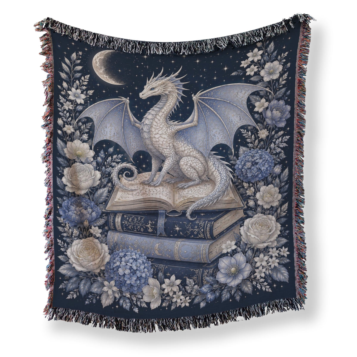 Silver Moon Dragon & Books Blanket