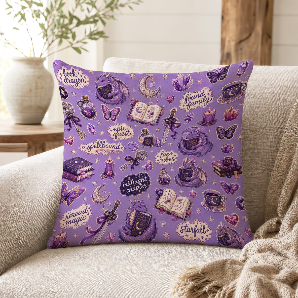 Spellbound Reader – Purple Fantasy Book Pillow