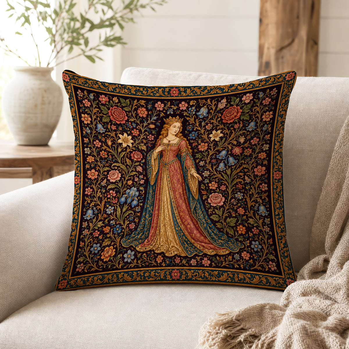 The Rose Queen – Medieval Tapestry Pillow
