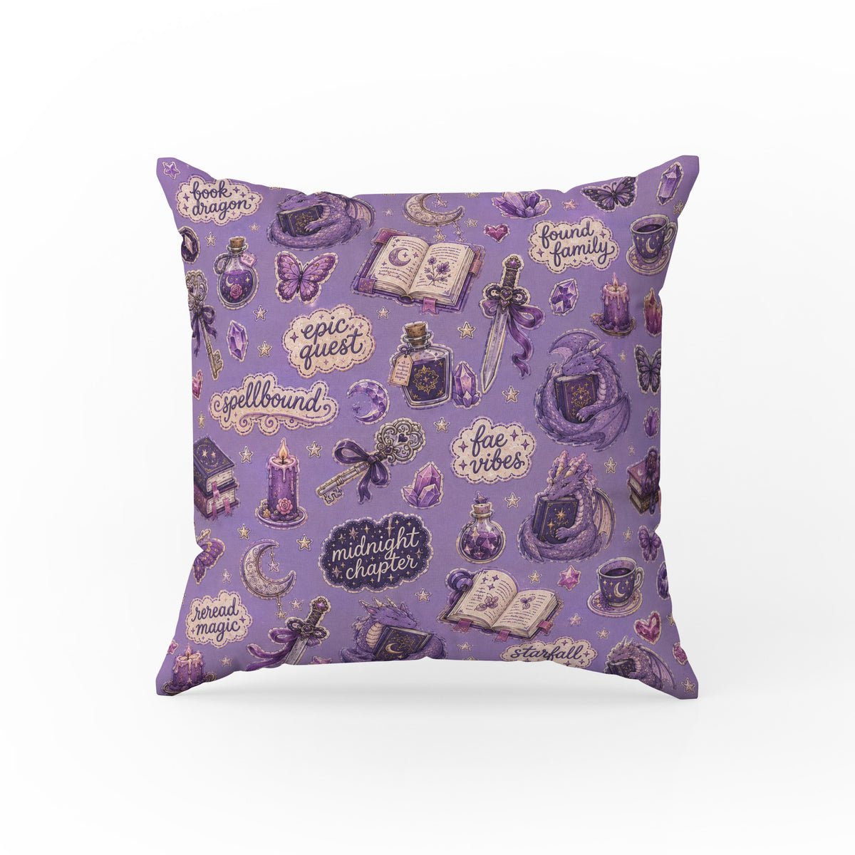 Spellbound Reader – Purple Fantasy Book Pillow Main image