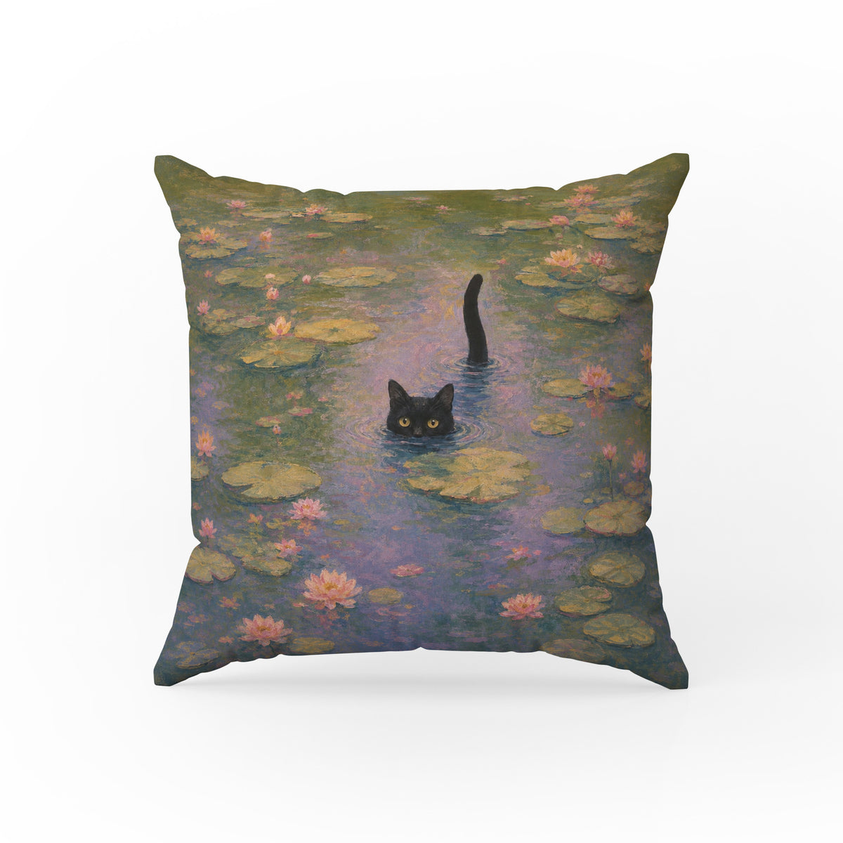 Water Lily Cat – Whimsical Pond Pillow Main image
